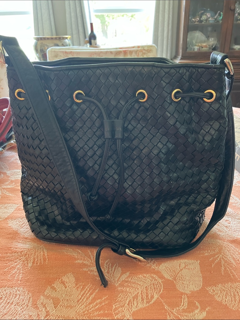 Talbots Black Woven Leather Drawstring Shoulder Bag with Gold Hardware